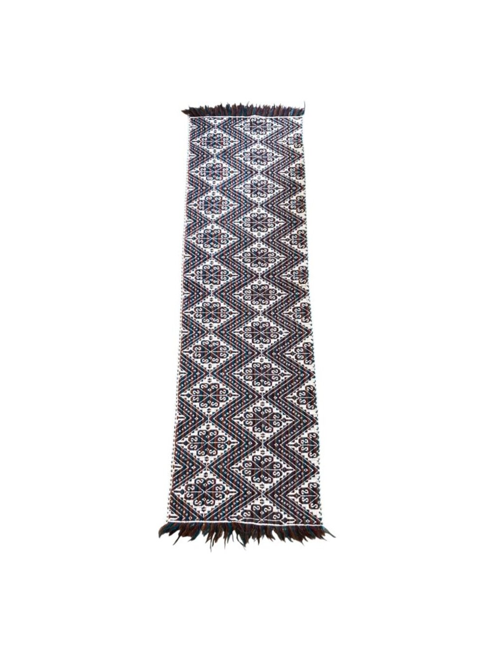 Handwoven Table Runner With Geometric Pattern And Fringe